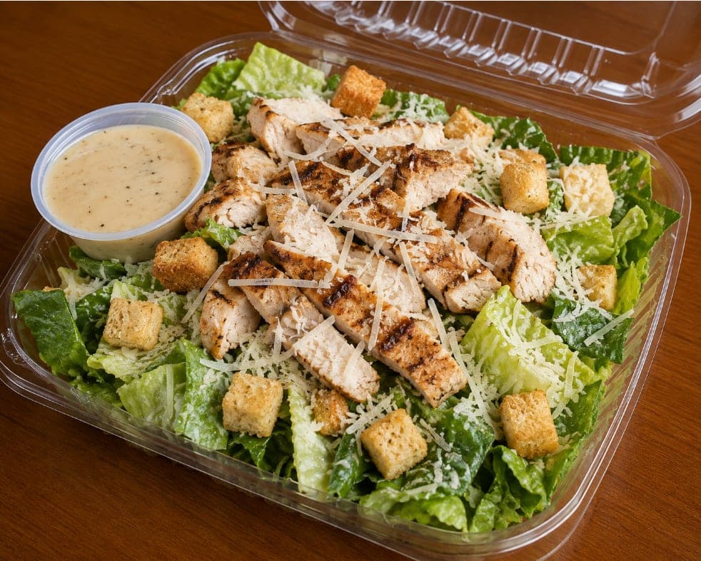 Grilled chicken over romaine with parmesan, croutons and a side of caesar dressing.