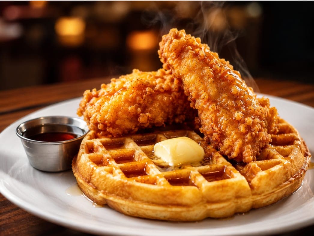 Two crispy chicken tenders over a fresh waffle with butter and a side of syrup.