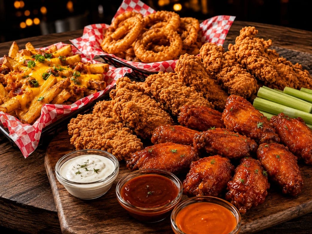 A board loaded with wings, tenders, cheese fries, onion rings, celery and three dips.