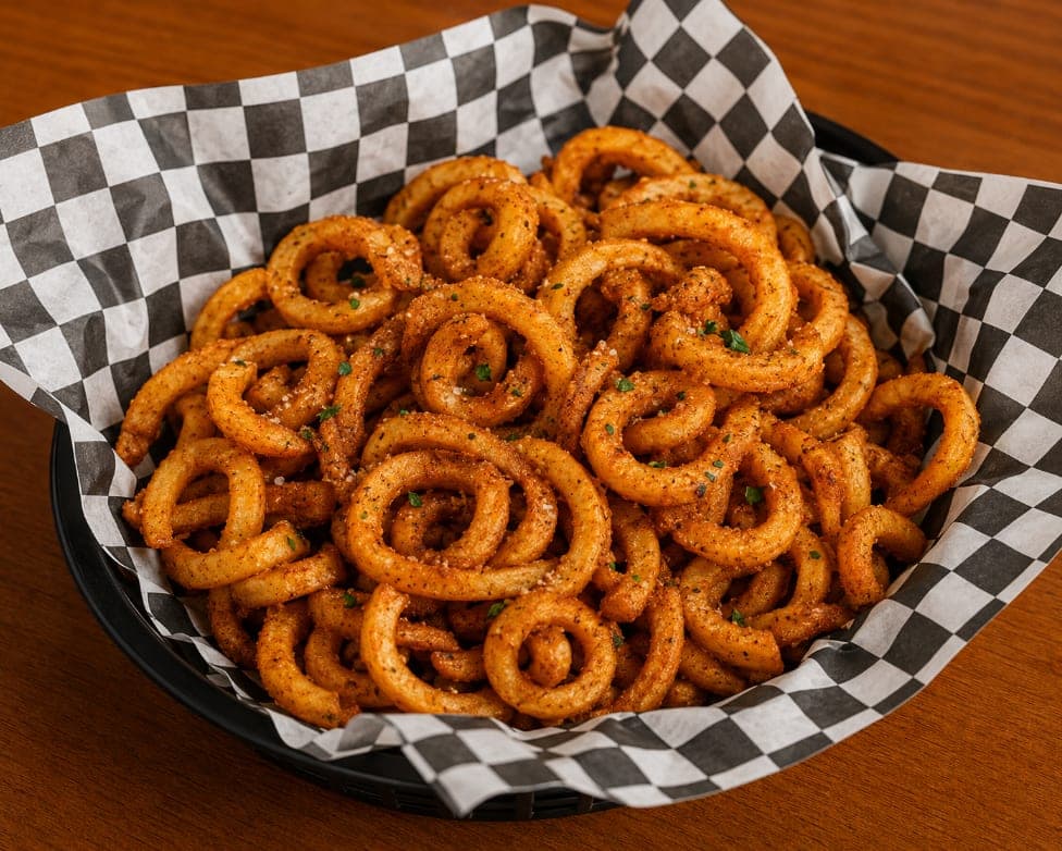 A basket of seasoned curly fries.