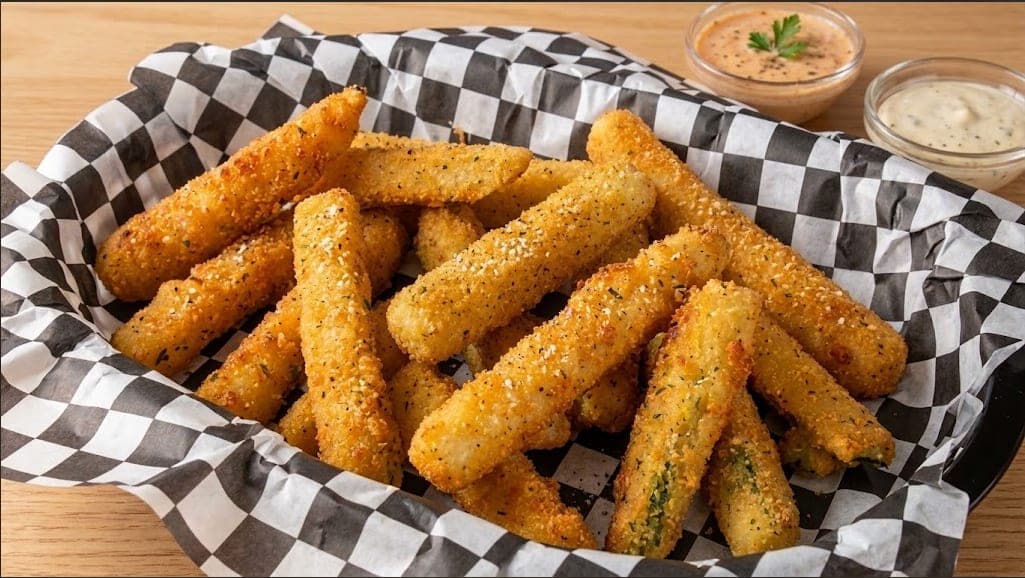 Breaded fried zucchini sticks with two dipping sauces.