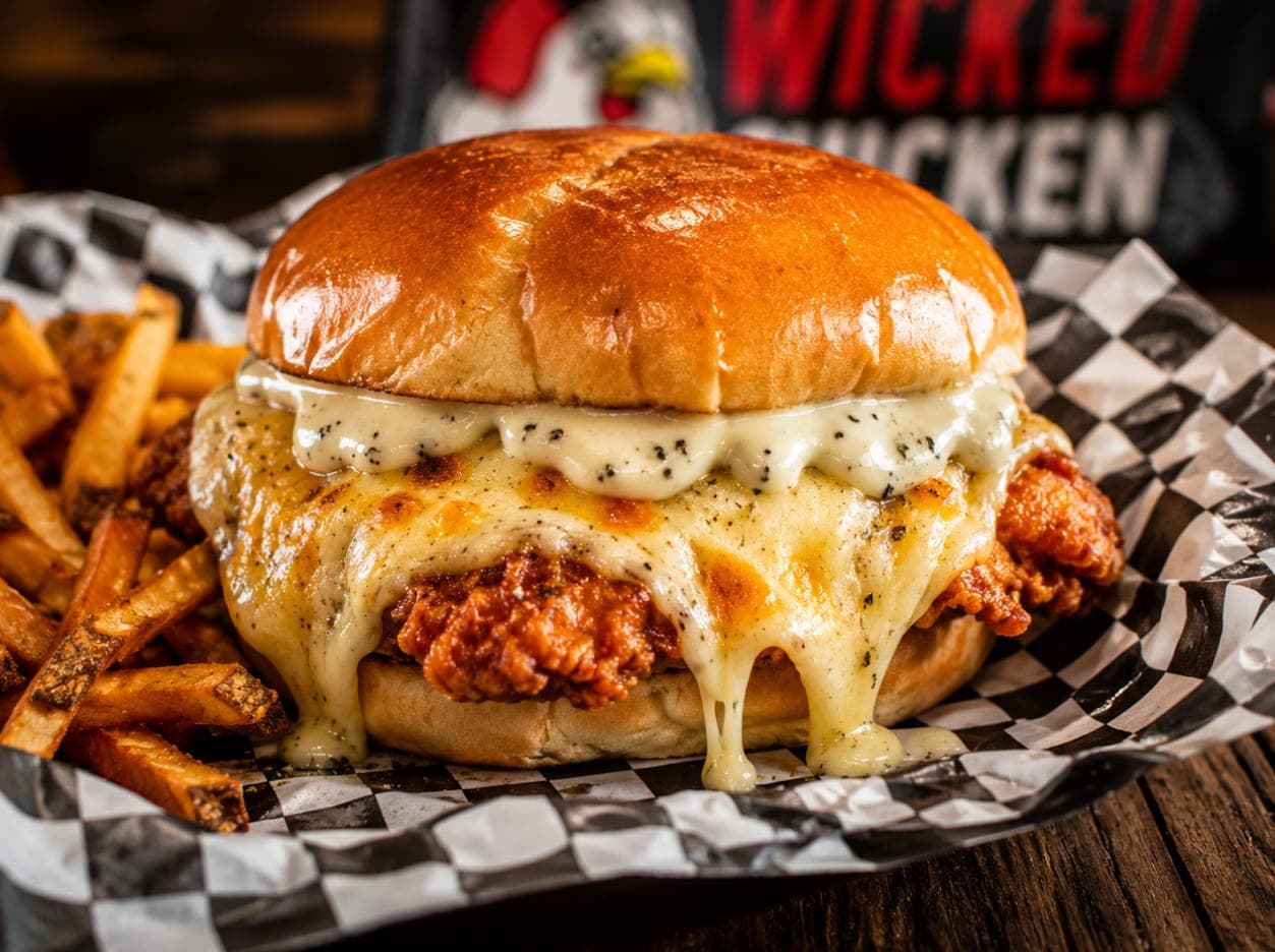 The Garlic Lover chicken sandwich under melted mozzarella and garlic parmesan sauce, served with fries.