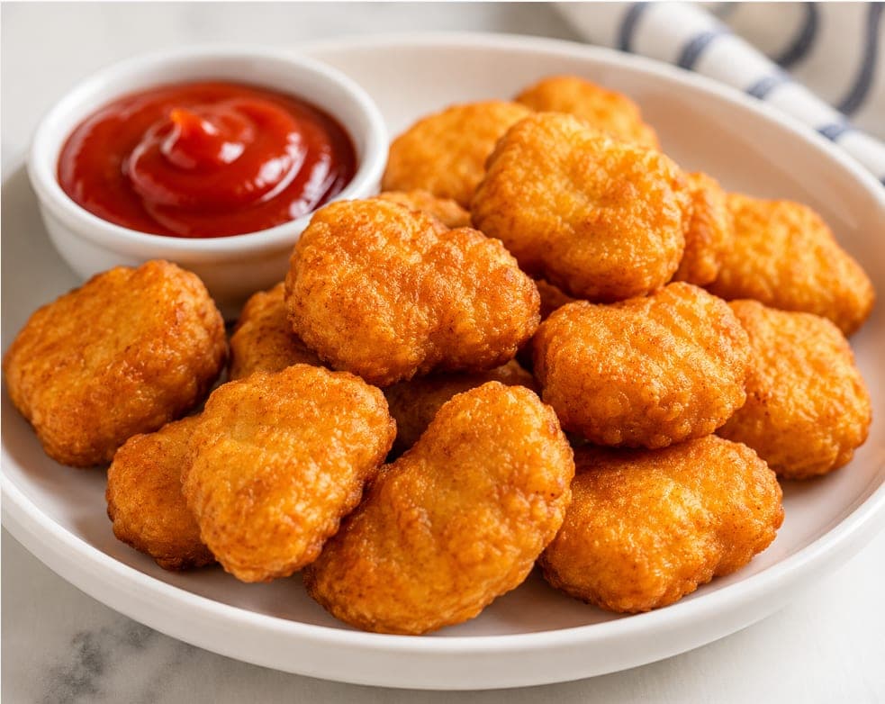 A plate of golden chicken nuggets with a side of ketchup.