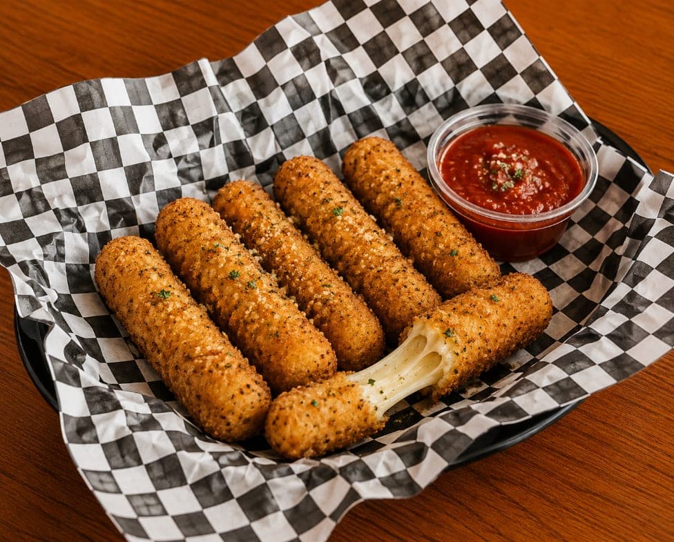 Breaded mozzarella sticks pulling cheese, with a side of marinara.