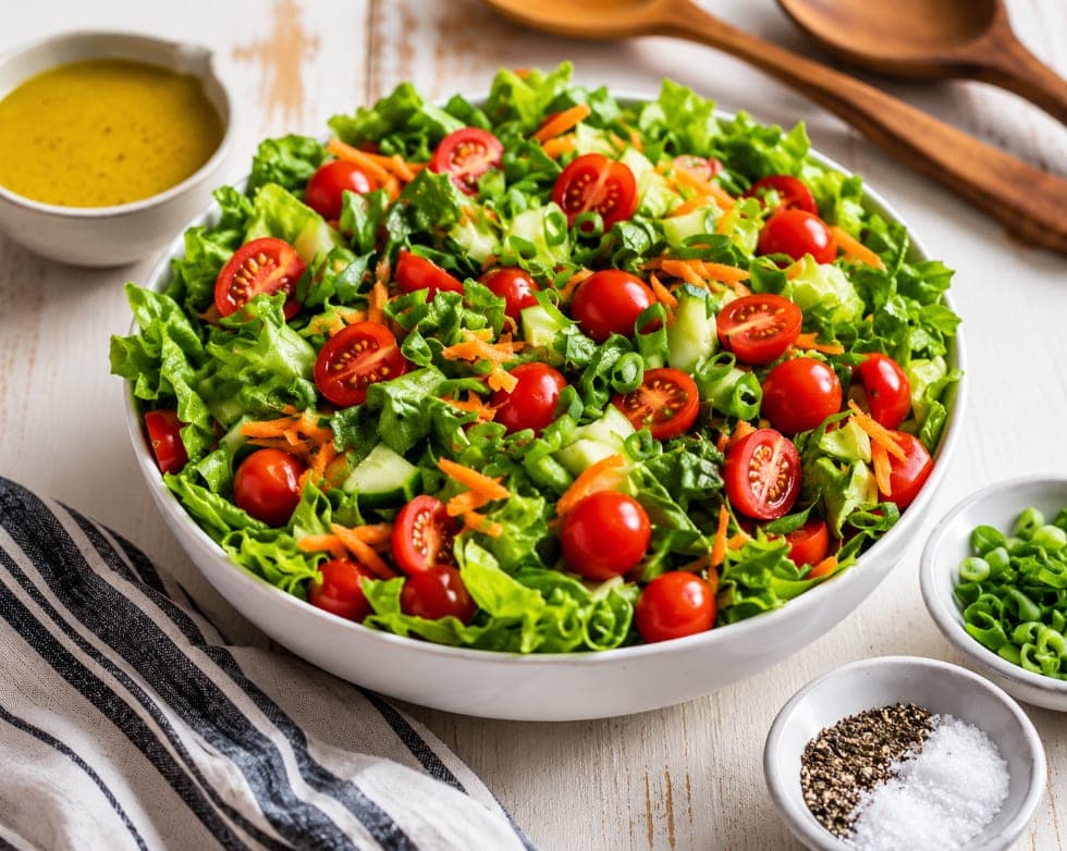 A bowl of green salad with lettuce, tomato, cucumber and carrot, with dressing on the side.