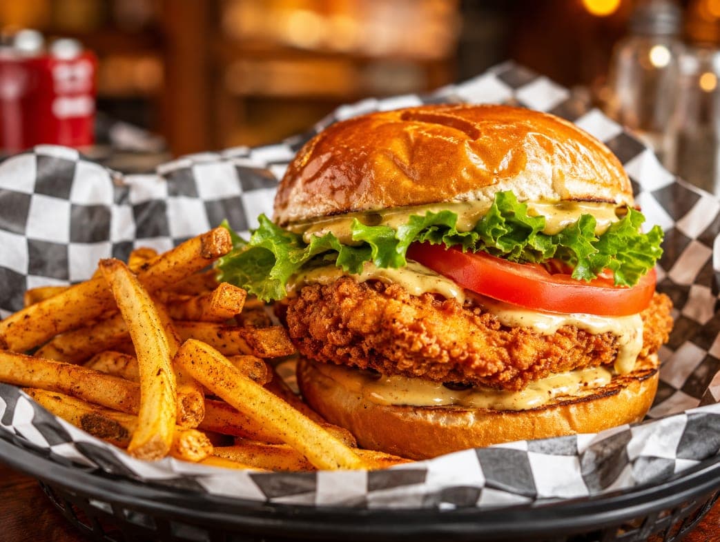 The Savory Dijon chicken sandwich with lettuce, tomato and honey mustard sauce, served with fries.