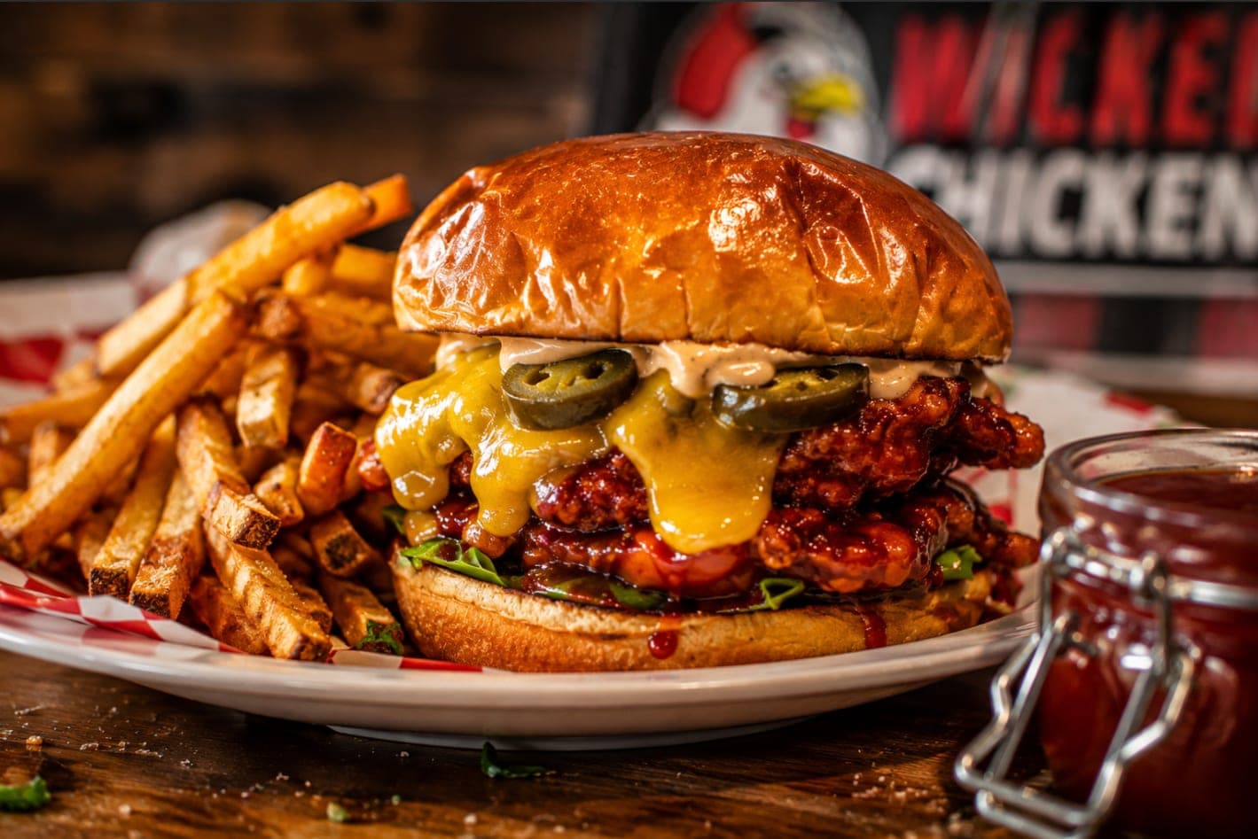 The Spicy Southwestern chicken sandwich with jalapeños and melted cheddar, served with fries.
