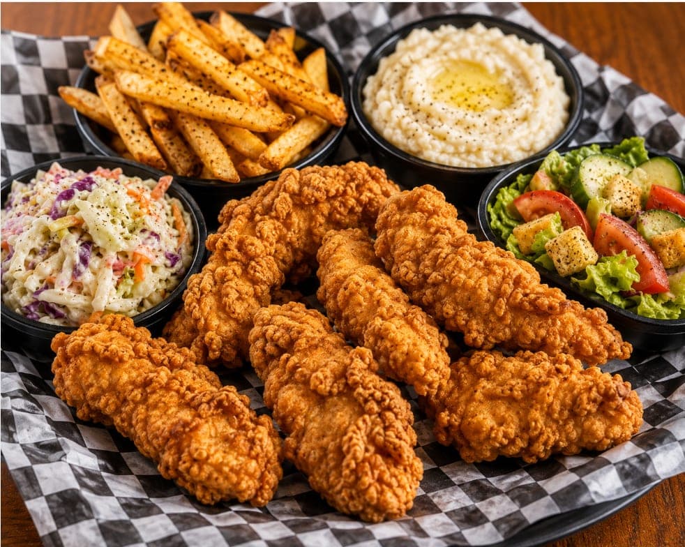 A basket of tenders with fries, mashed potatoes, coleslaw and a side salad.