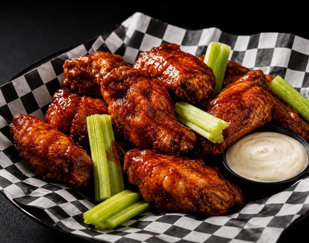 A basket of Wicked Wings tossed in sauce, with celery and a side of ranch.