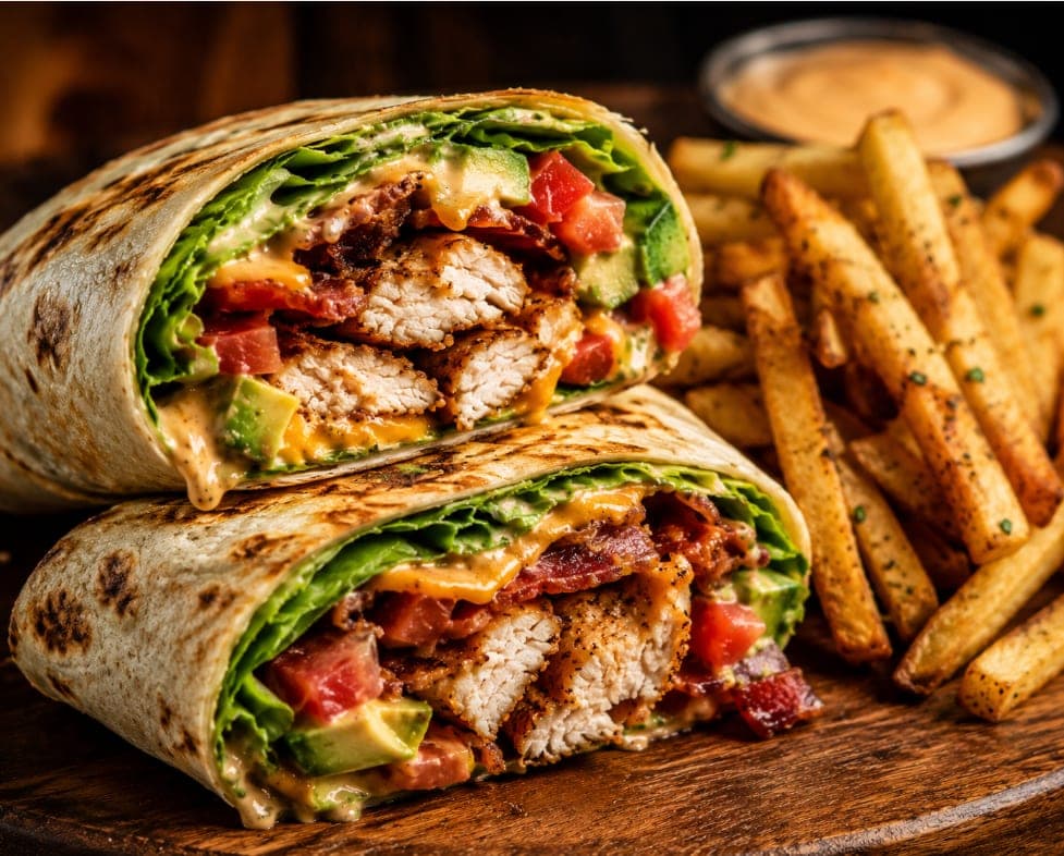 The Wicked Wrap cut in half, with chicken, bacon, avocado, tomato and lettuce, served with fries.