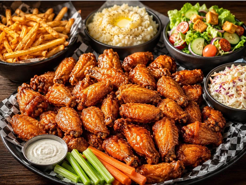 A platter of wings with fries, mashed potatoes, coleslaw, a side salad, celery, carrots and ranch.
