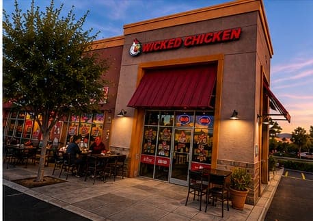 The storefront and patio tables lit up at dusk.