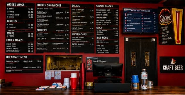 The menu boards above the counter, next to the heat scale and the craft beer sign.
