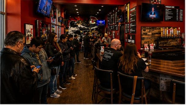 Customers lined up at the counter to order during a rush.