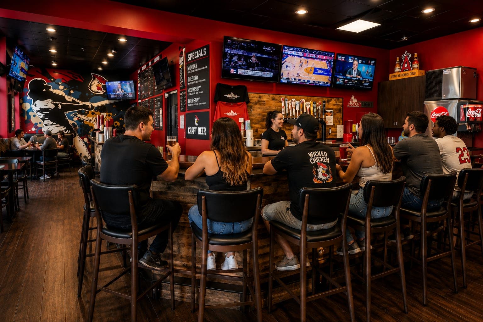 Guests at the bar with beers while the games play on the TVs.