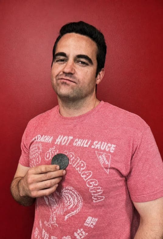 A 911 Challenge winner holding a Wicked Chicken coin against the red wall.